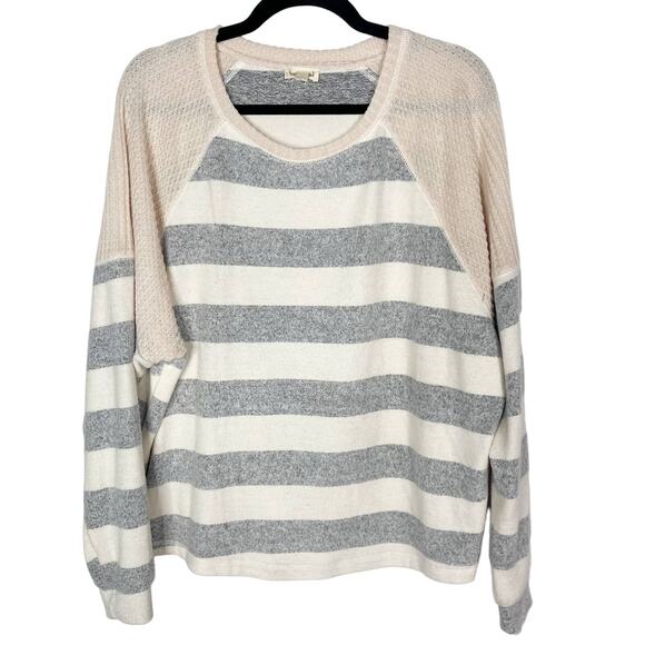 Hem & Thread Medium M Cream Gray Wide Striped Waffle Knit Pullover Sweater Crew - Picture 1 of 7